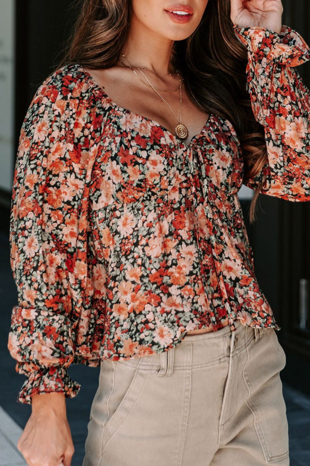 Peplum Tied Flora Long Sleeve Blouse - Charming Charlie