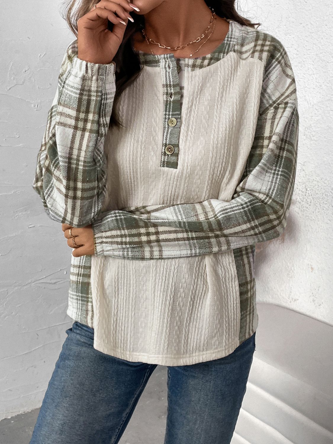 Perfee Plaid Half Button Long Sleeve T-Shirt - Charming Charlie