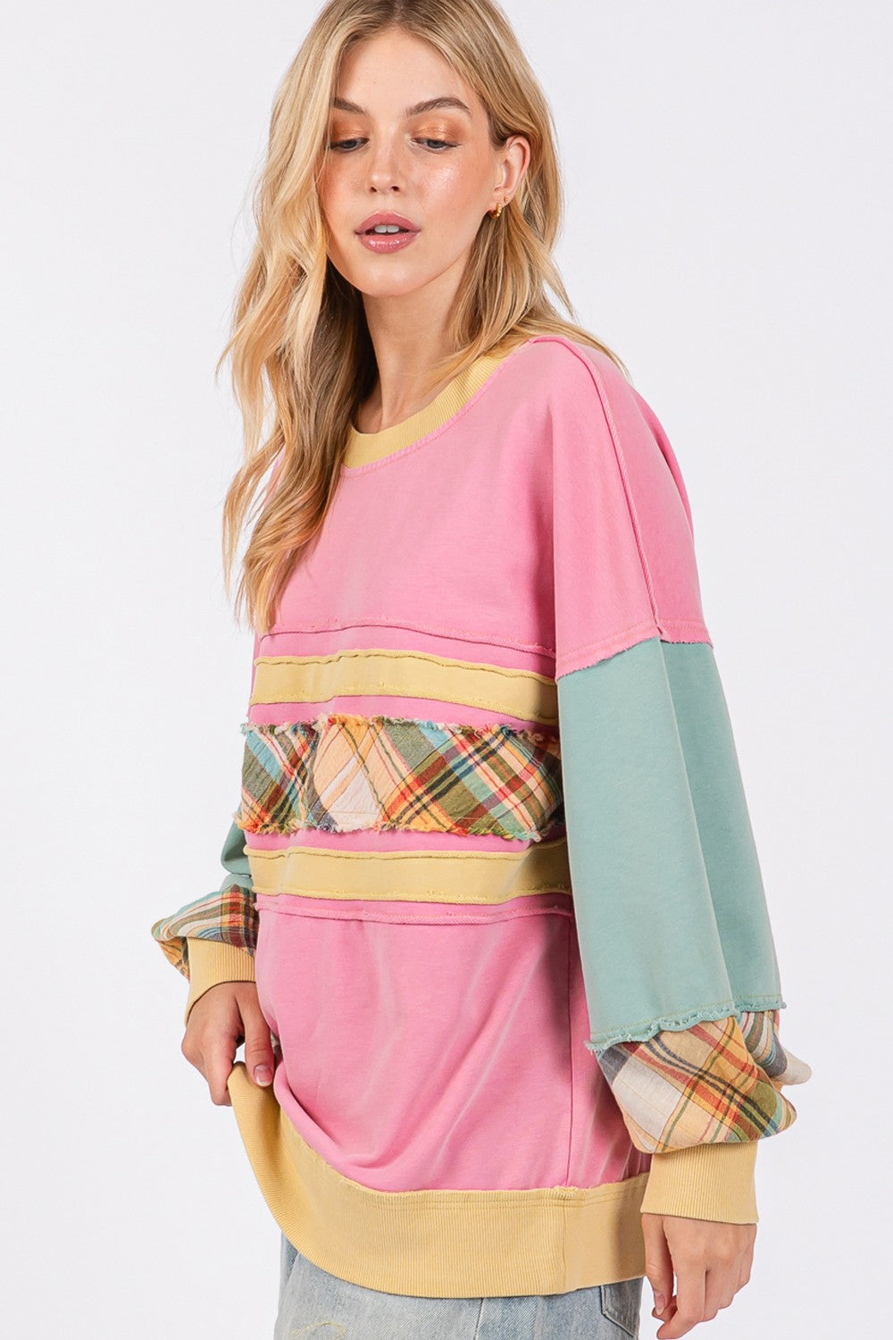 SAGE + FIG Mineral Wash Raw Edge Color Block Sweatshirt - Charming Charlie