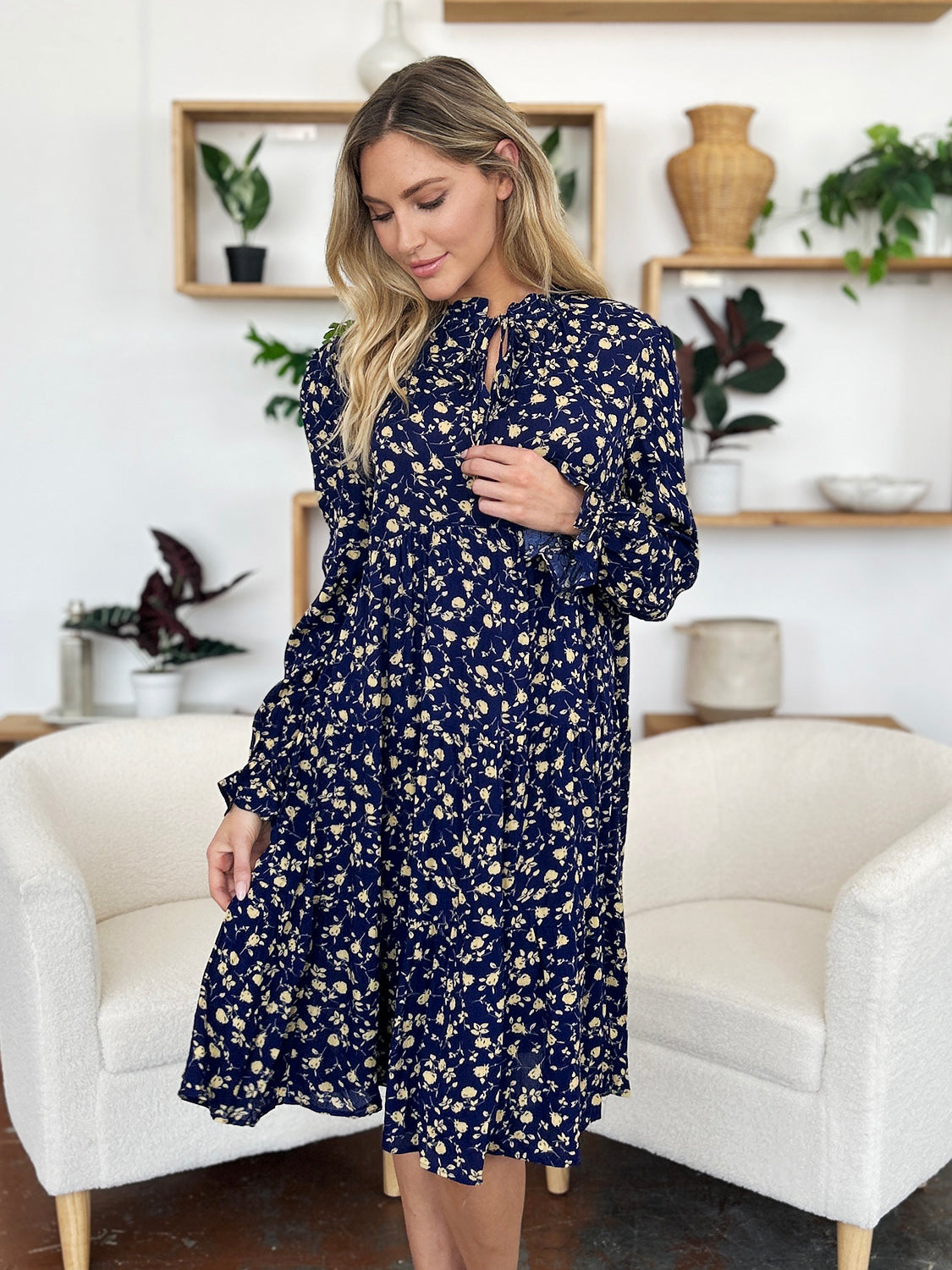 Double Take Full Size Printed Ruffle Hem Long Sleeve Tiered Dress - Charming Charlie
