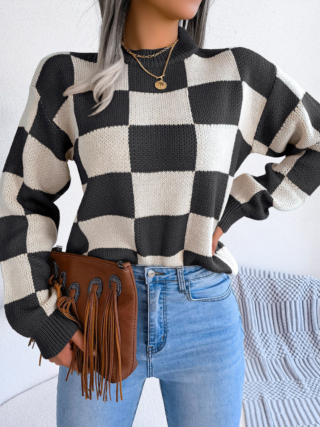 Checkered Mock Neck Long Sleeve Sweater - Charming Charlie