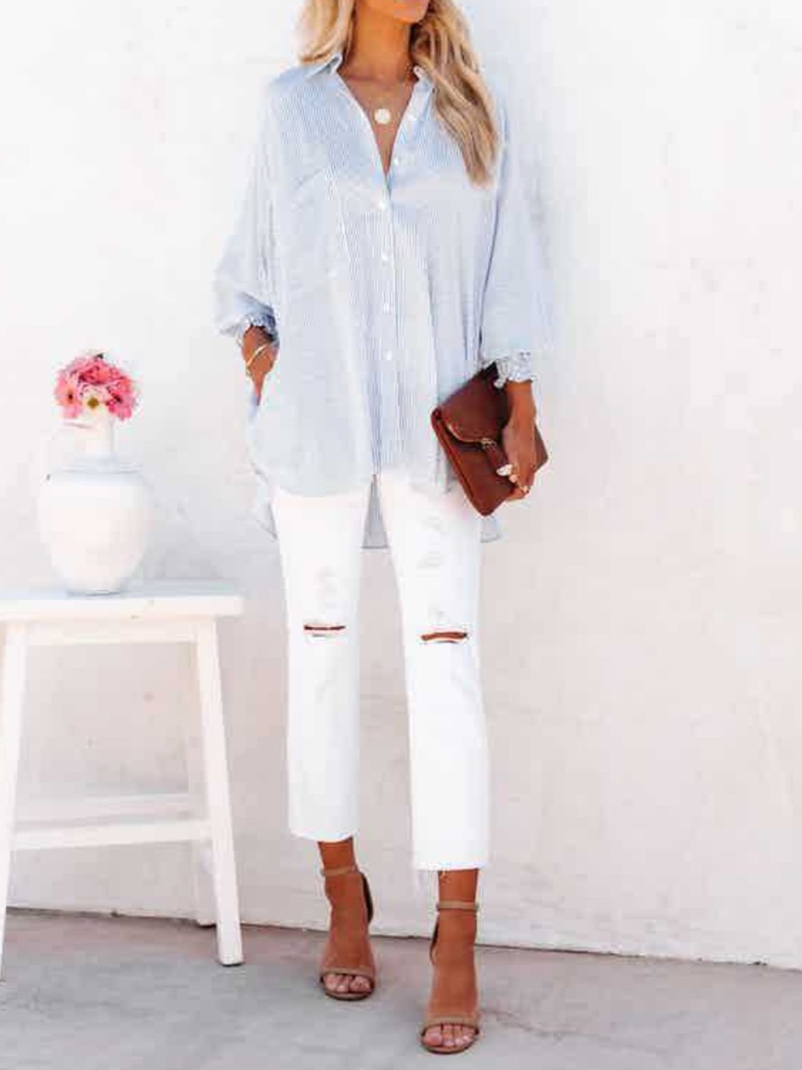 Striped Collared Neck Long Sleeve Shirt - Charming Charlie