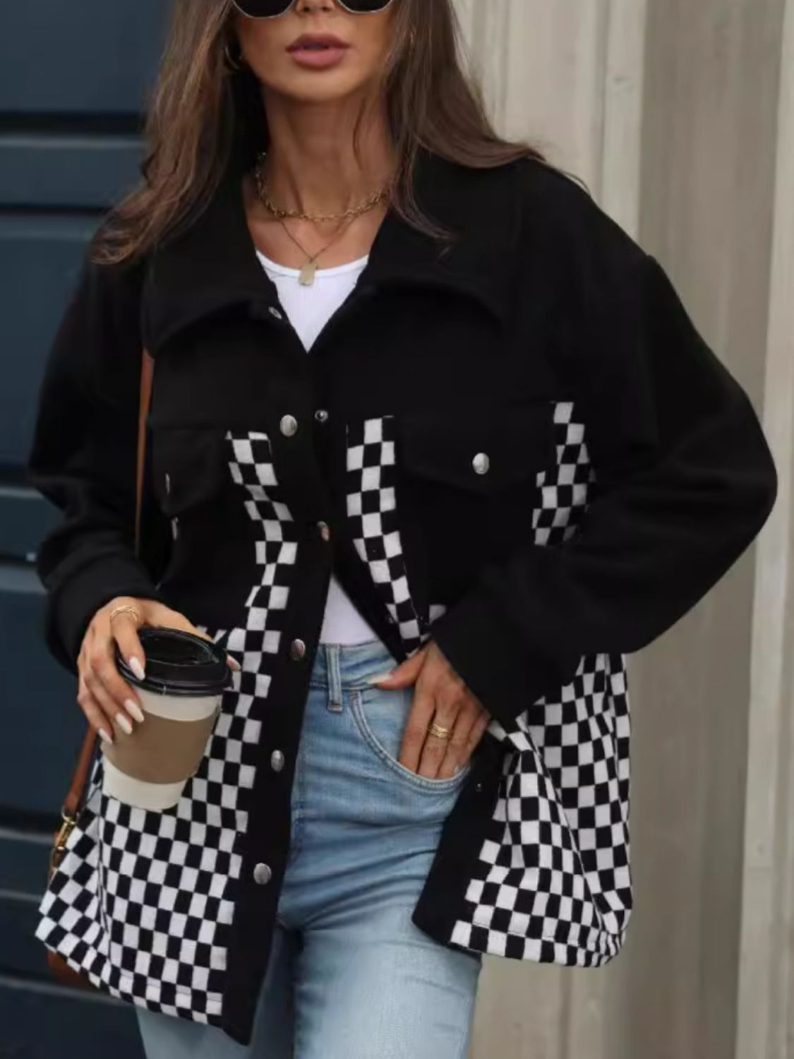 Checkered Snap Down Long Sleeve Jacket - Charming Charlie
