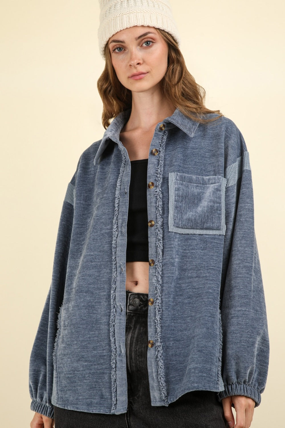 VERY J Mixed Media Button Down Raw Hem Shacket - Charming Charlie