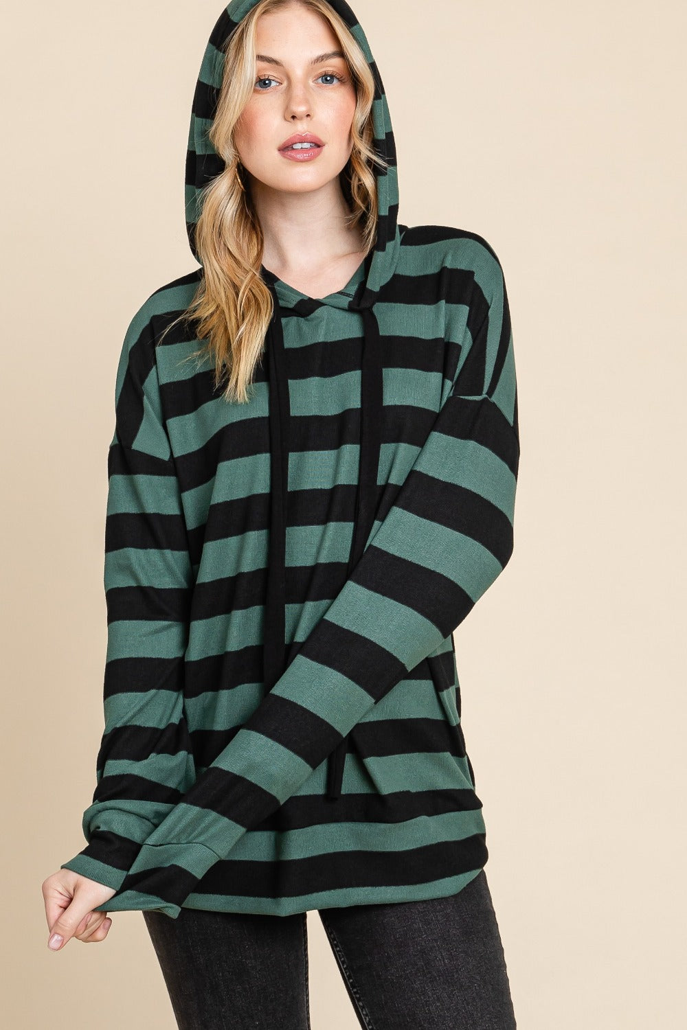 BOMBOM Drawstring Striped Dropped Shoulder Hoodie - Charming Charlie