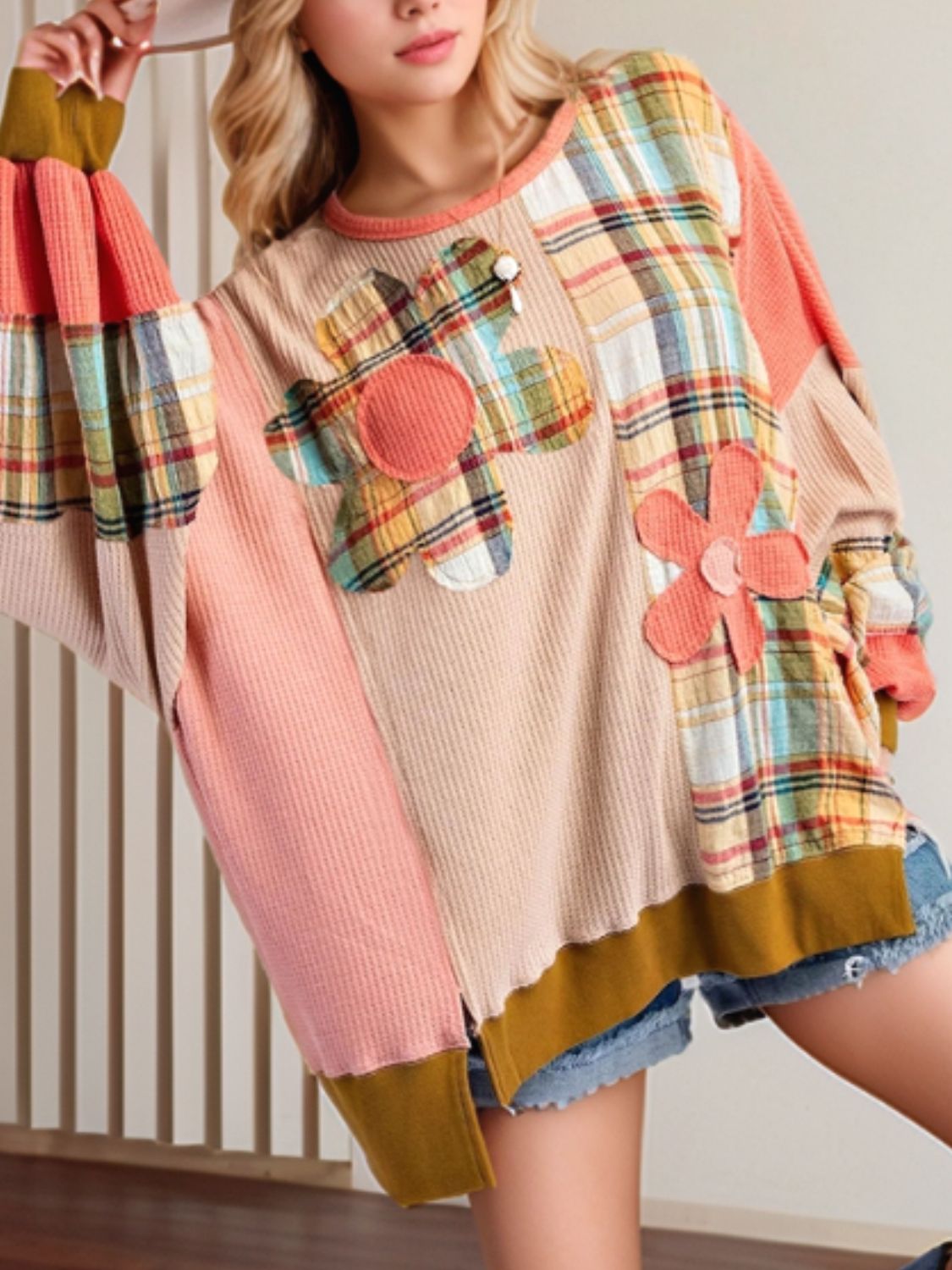 Slit Plaid Round Neck Long Sleeve Sweatshirt - Charming Charlie