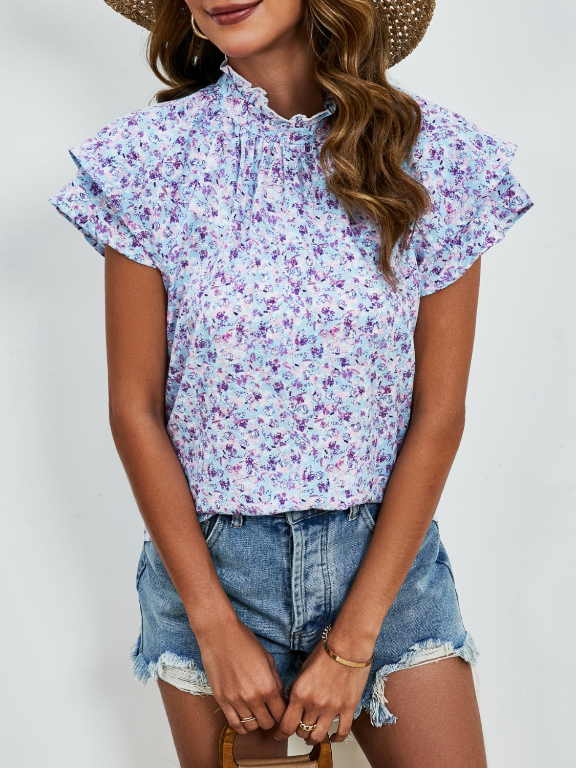 Ditsy Floral Mock Neck Flounce Sleeve Blouse - Charming Charlie