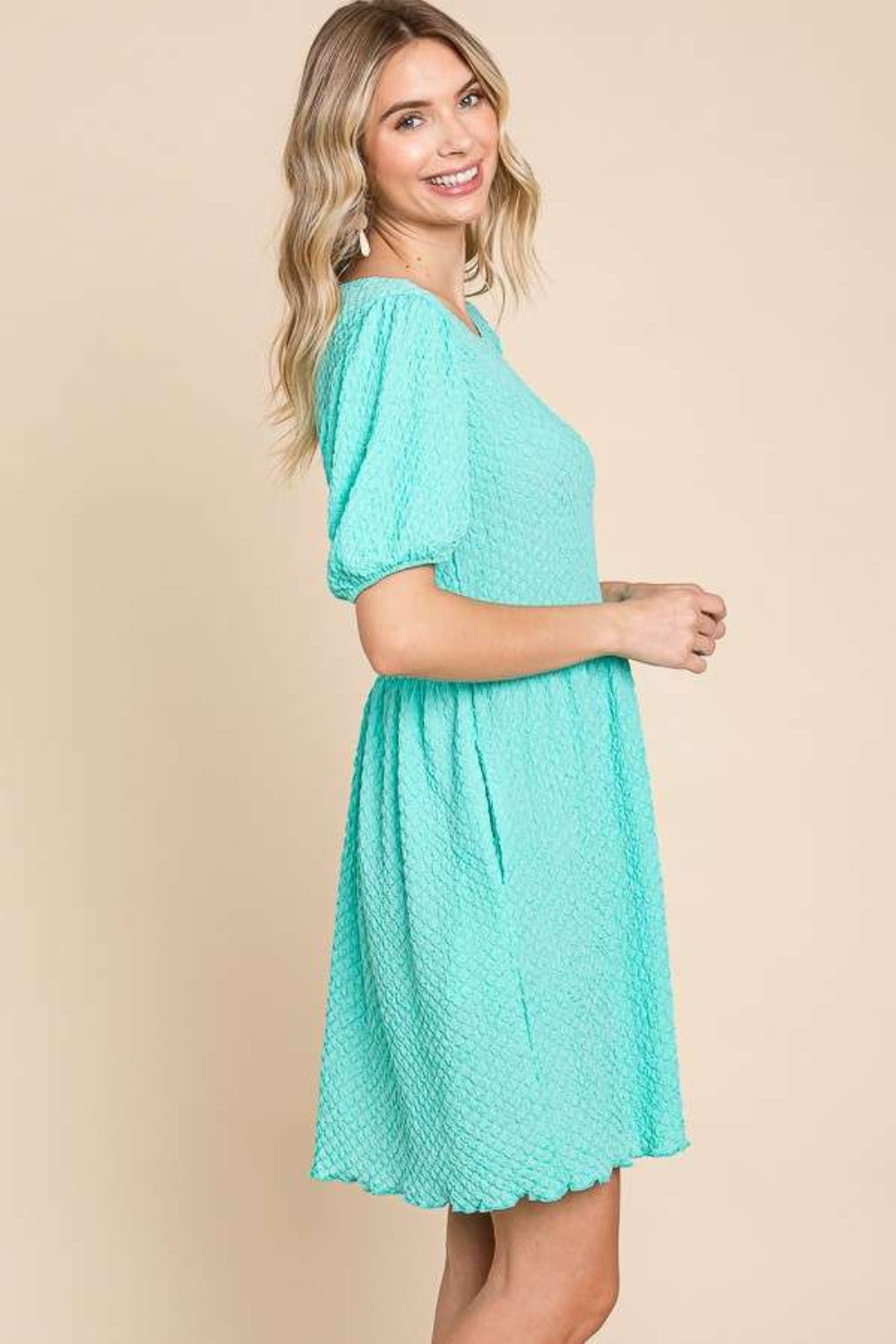 Culture Code Full Size Textured Round Neck Puff Sleeve Dress - Charming Charlie