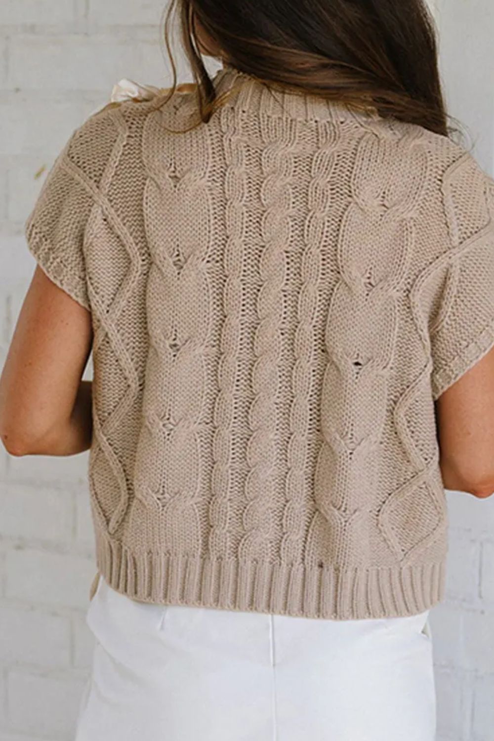 Cable-Knit Tied Mock Neck Short Sleeve Sweater - Charming Charlie