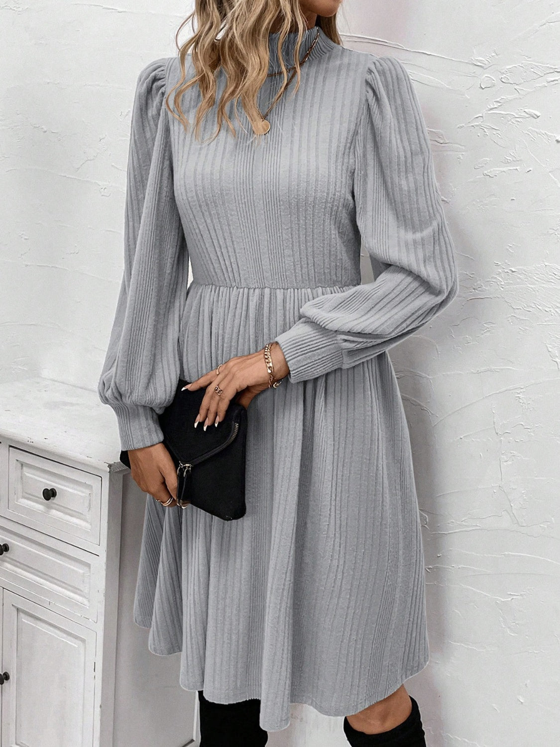 Textured Turtleneck Long Sleeve Dress - Charming Charlie