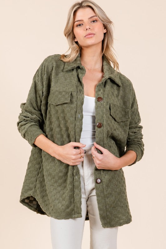 BOMBOM Checkered Button Down Dropped Shoulder Shacket - Charming Charlie