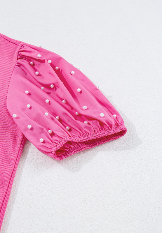 Pearl Detail Round Neck Puff Sleeve Blouse - Charming Charlie