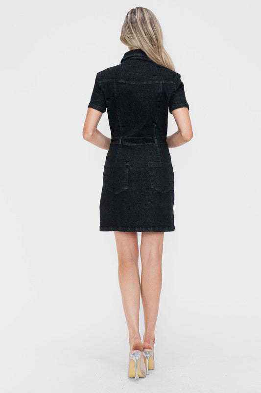 bytos Full Size Embellished Button Down Short Sleeve Denim Dress - Charming Charlie