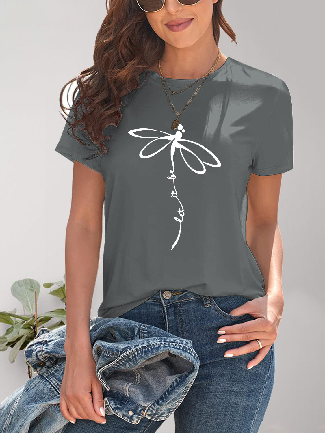 Dragonfly Graphic Round Neck Short Sleeve T-Shirt - Charming Charlie