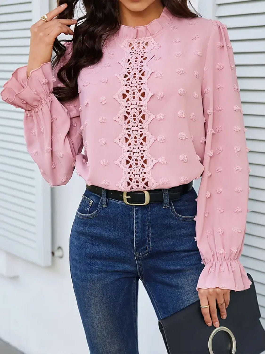 Swiss Dot Mock Neck Flounce Sleeve Blouse - Charming Charlie