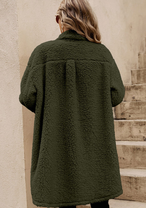 Collared Neck Long Sleeve Longline Teddy Jacket - Charming Charlie