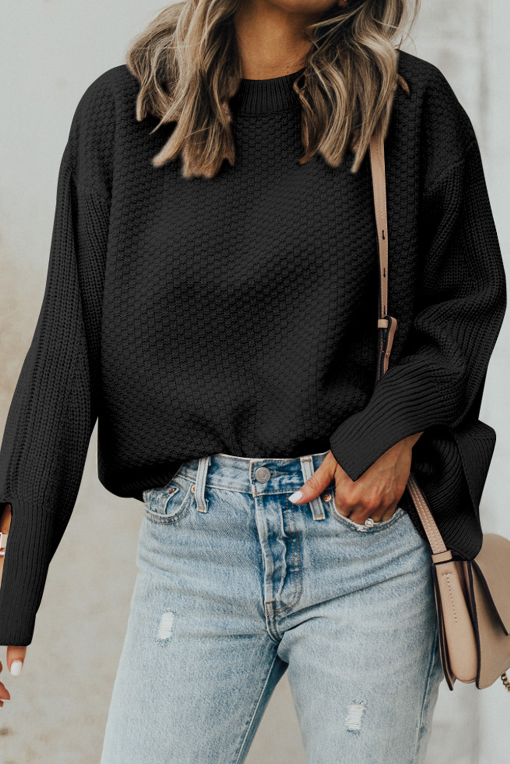 Textured Round Neck Long Sleeve Sweater - Charming Charlie