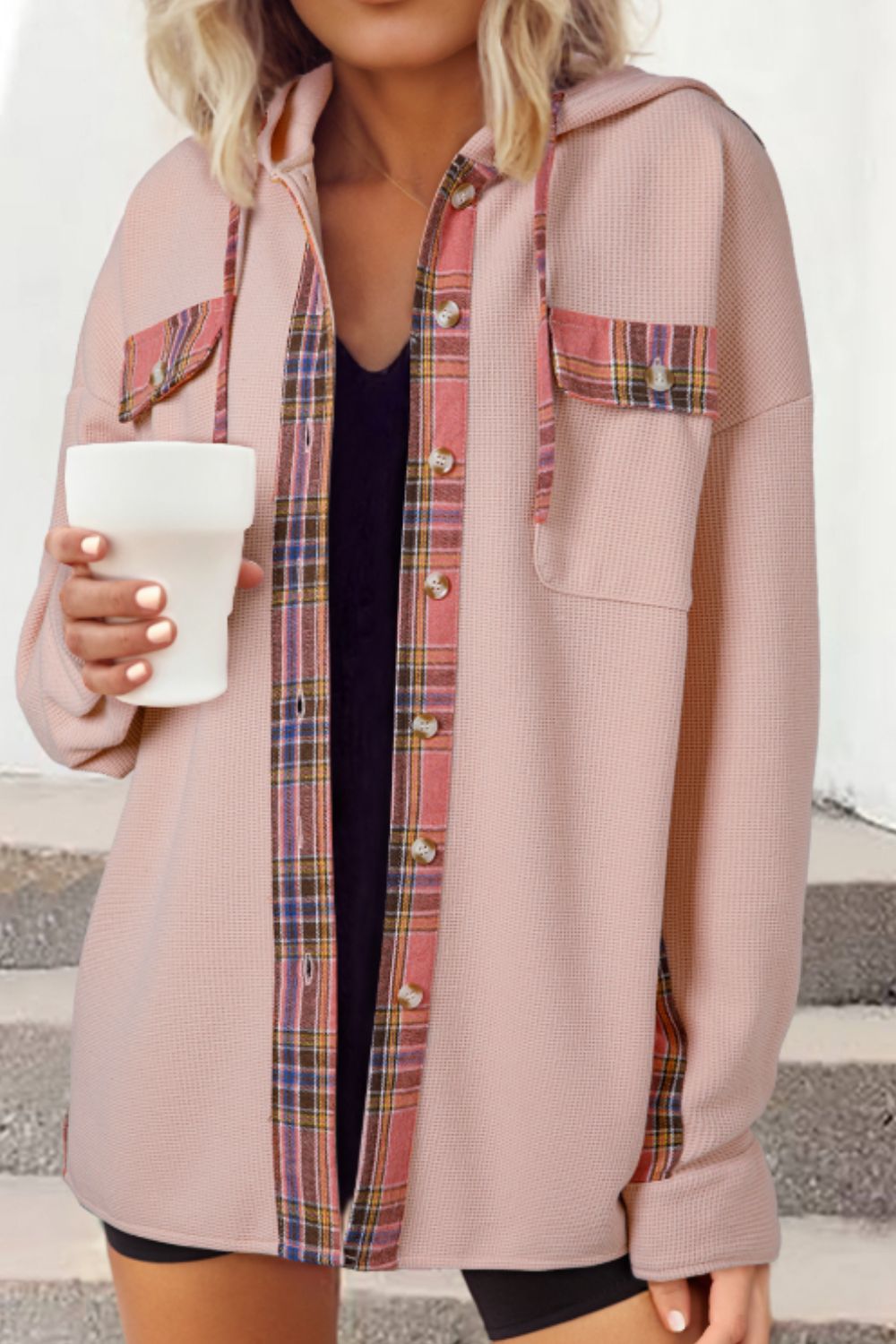 Waffle Knit Plaid Patchwork Drawstring Hooded Shacket - Charming Charlie