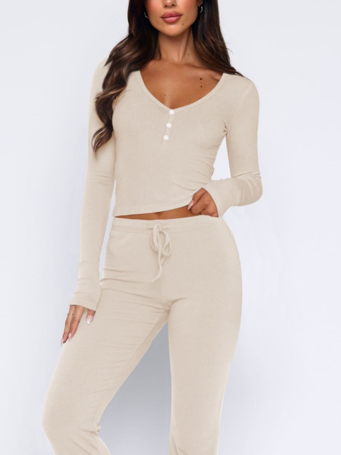 V-Neck Long Sleeve Top and Pants Set - Charming Charlie