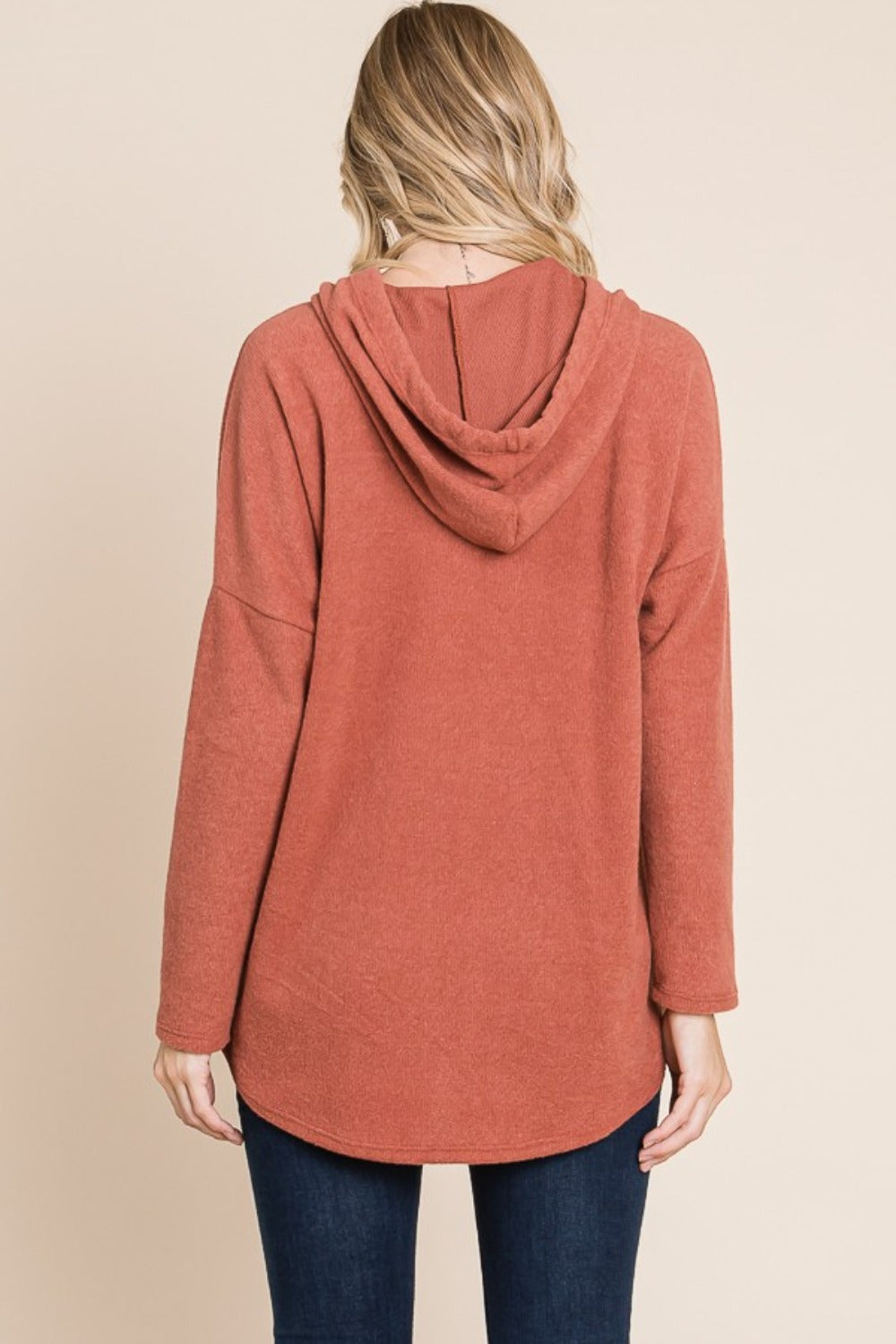 BOMBOM Contrast Drawstring Drop Shoulder Knit Hoodie - Charming Charlie