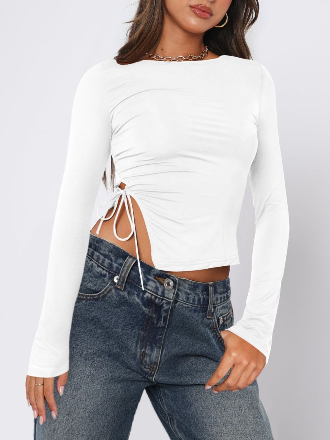 Tied Slit Round Neck Long Sleeve T-Shirt - Charming Charlie