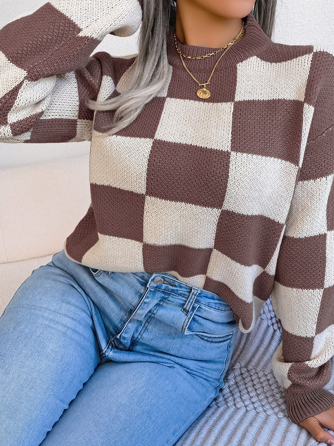 Checkered Mock Neck Long Sleeve Sweater - Charming Charlie