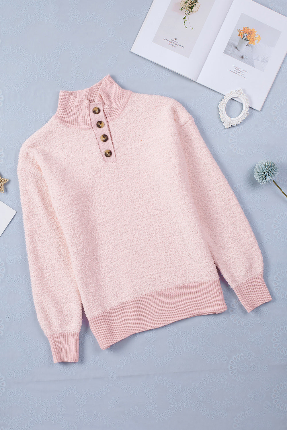 Button Detail Mock Neck Long Sleeve Sweater - Charming Charlie