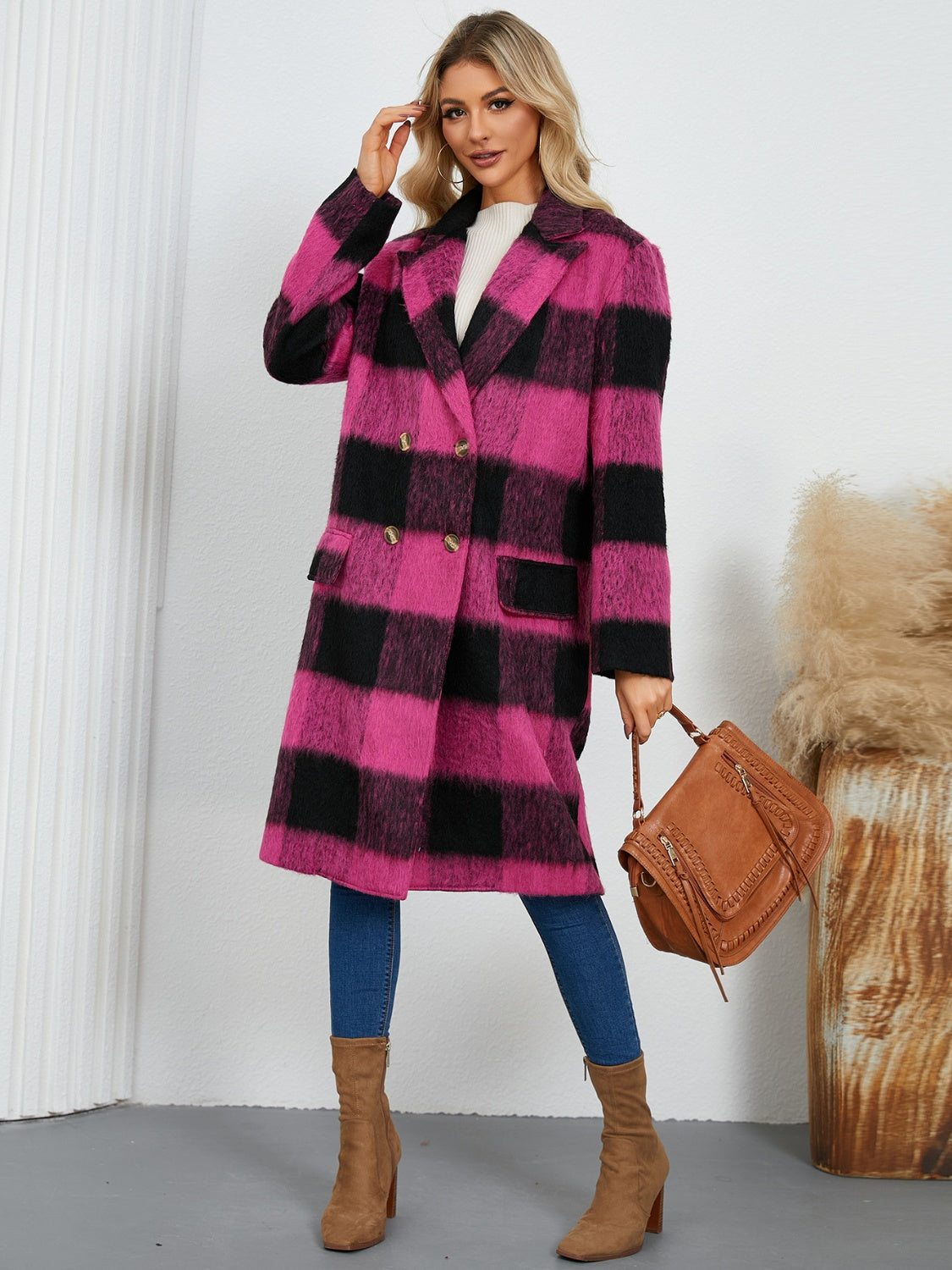Plaid Double-Breasted Long Sleeve Coat - Charming Charlie