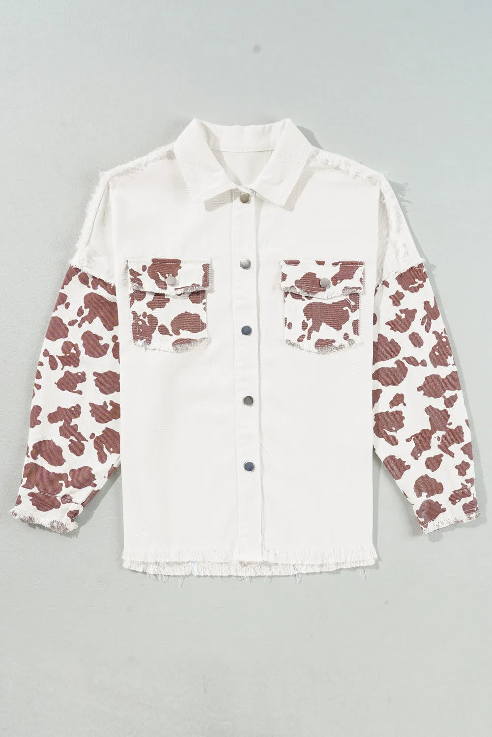 Raw Hem Animal Print Long Sleeve Denim Jacket - Charming Charlie