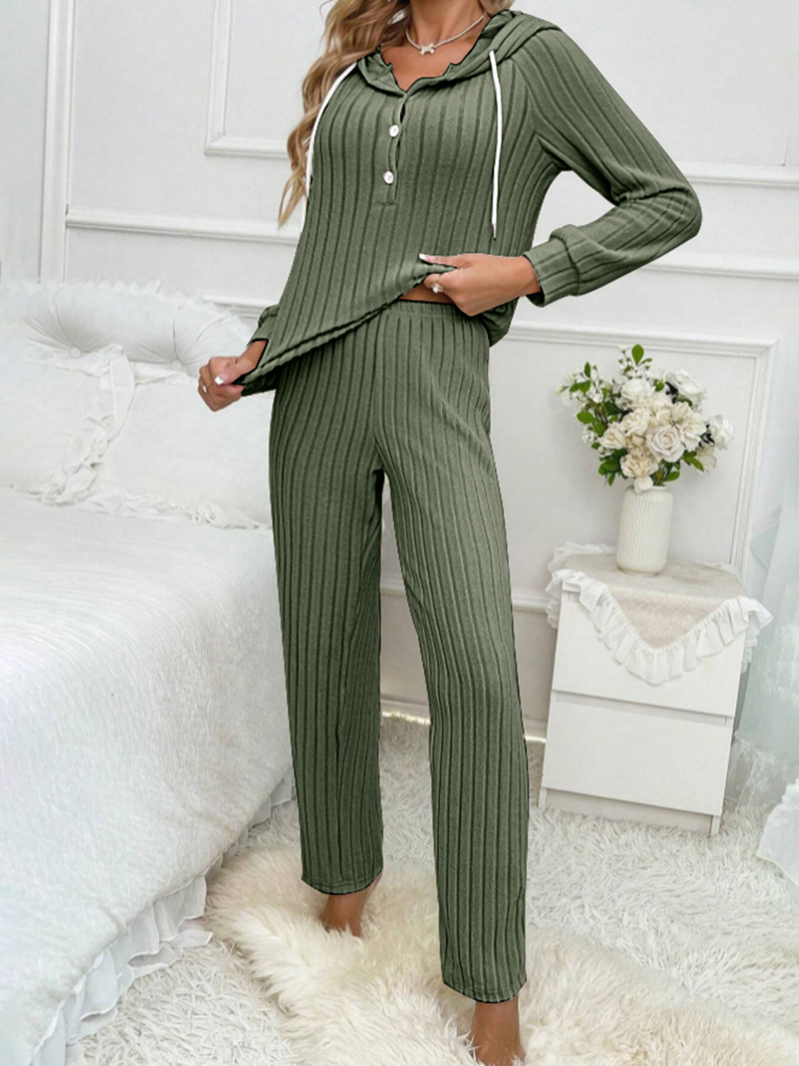 Drawstring Half Button Hooded Top and Ribbed Pants Set - Charming Charlie