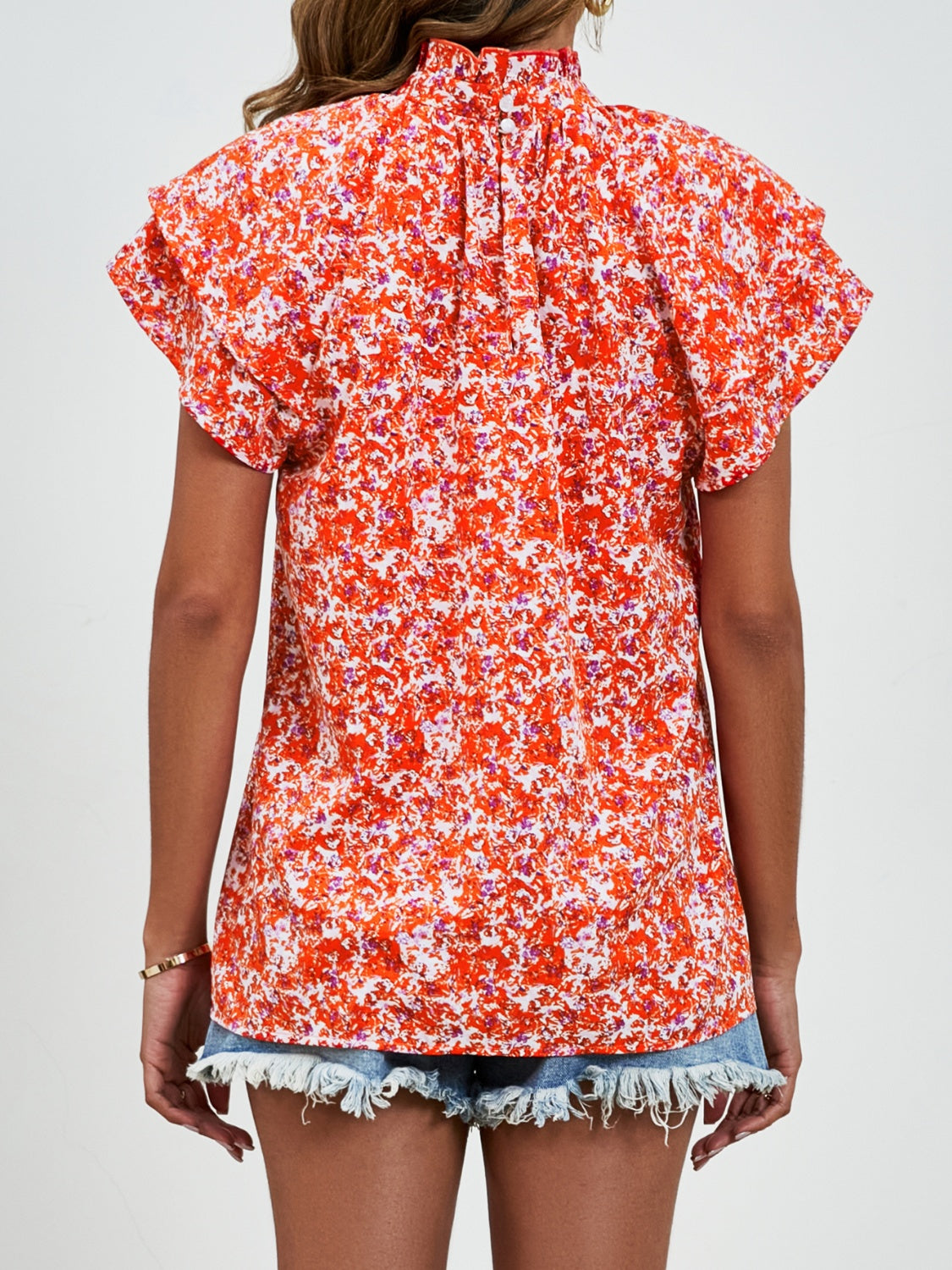 Ditsy Floral Mock Neck Flounce Sleeve Blouse - Charming Charlie