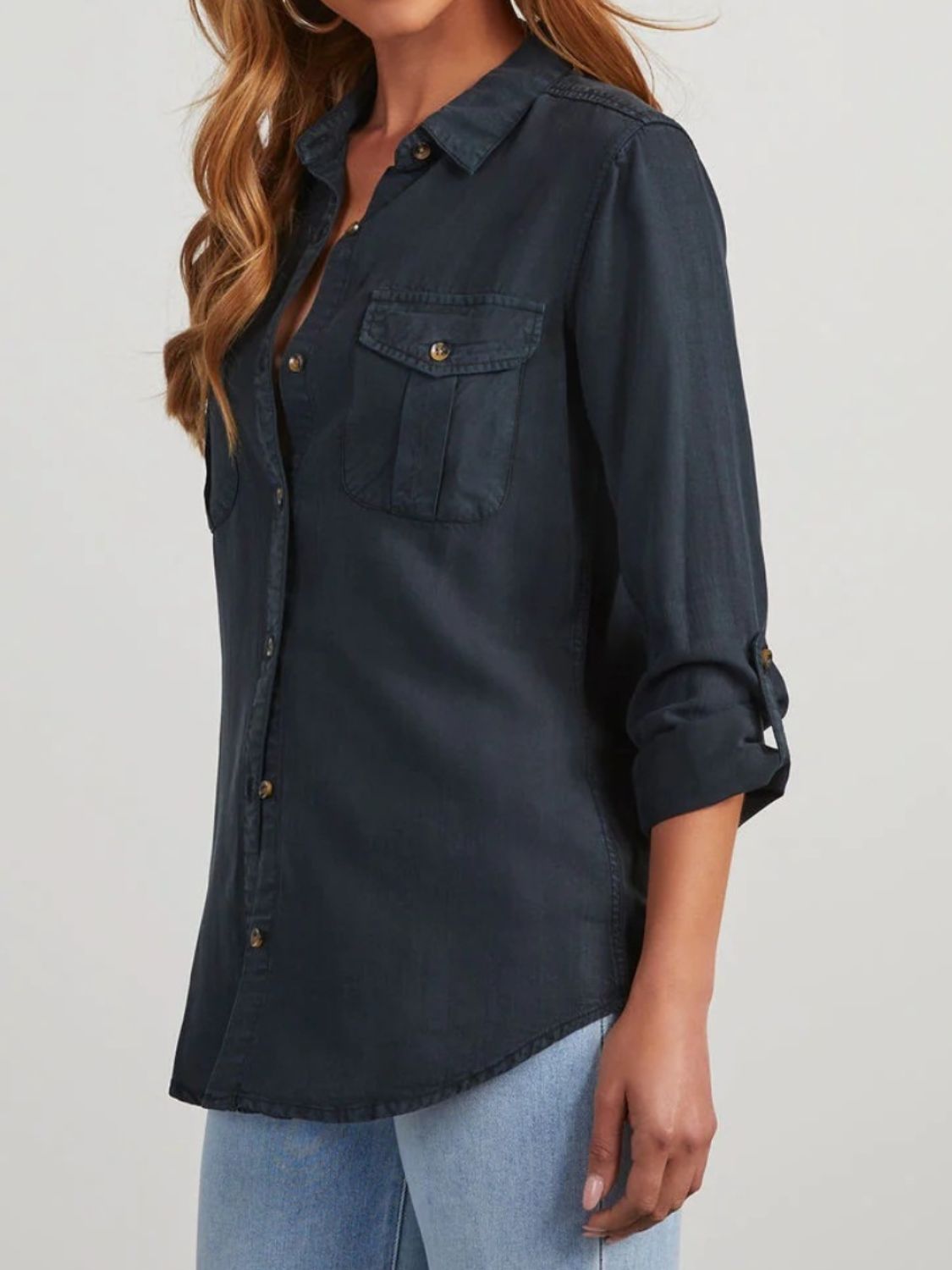 Collared Neck Roll-Tab Sleeve Denim Top - Charming Charlie
