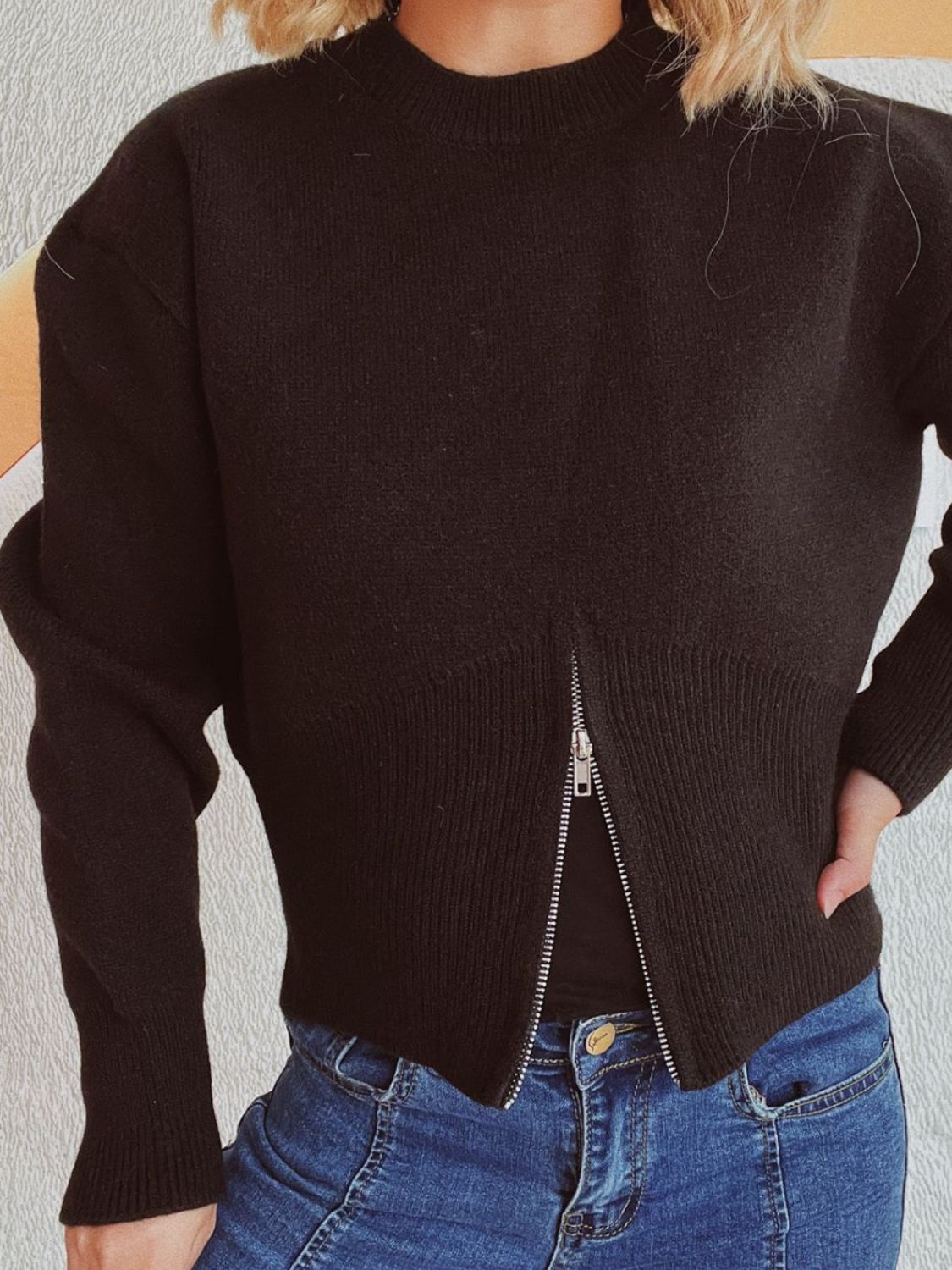 Round Neck Half Zip Long Sleeve Sweater - Charming Charlie