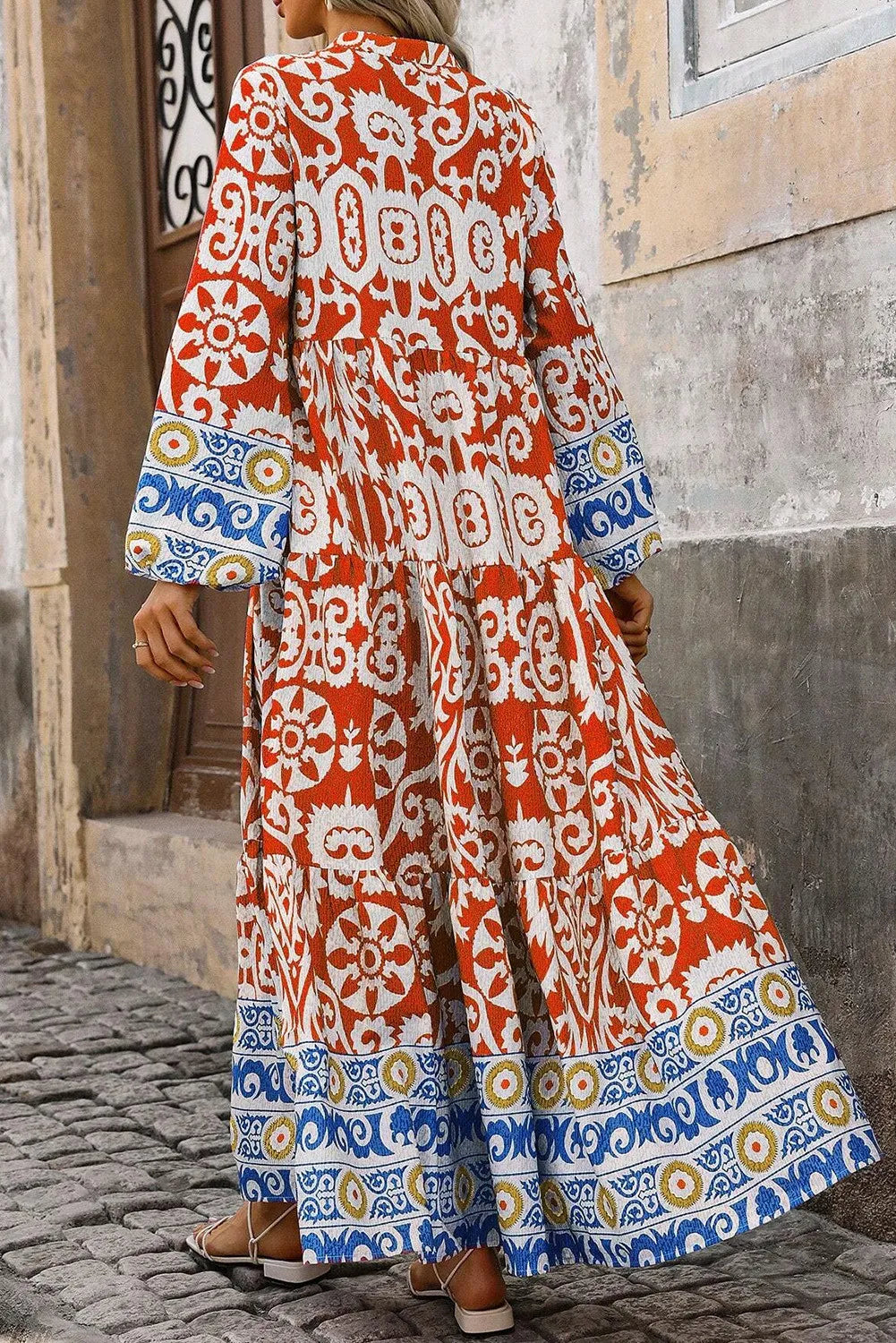 Printed Notched Long Sleeve Maxi Dress - Charming Charlie