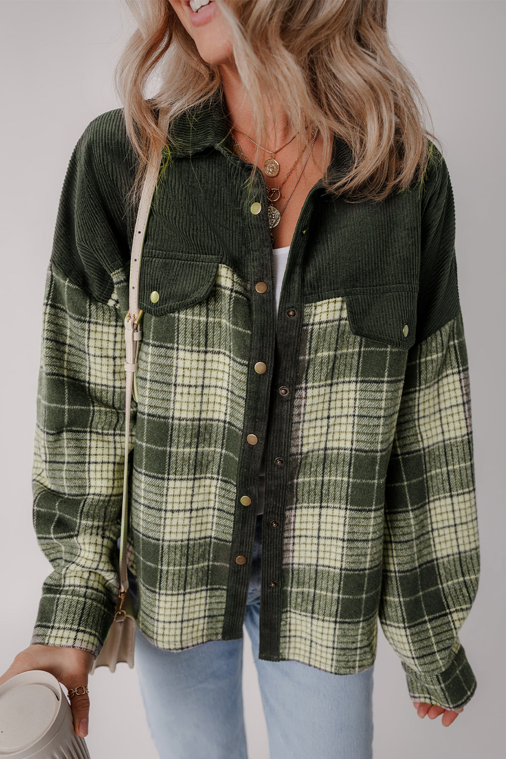 Snap Down Collared Neck Plaid Shacket - Charming Charlie