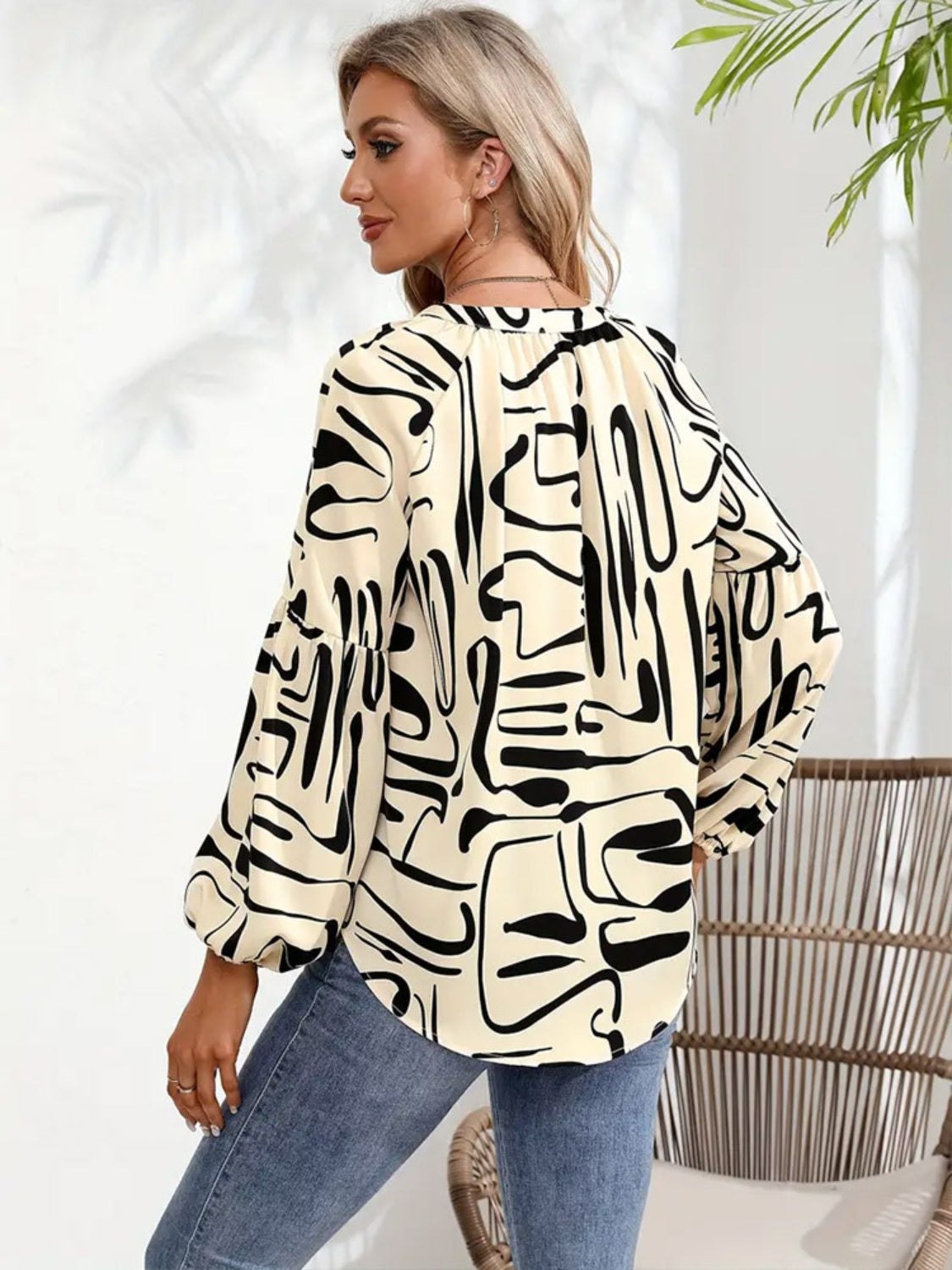 Printed Notched Long Sleeve Blouse - Charming Charlie