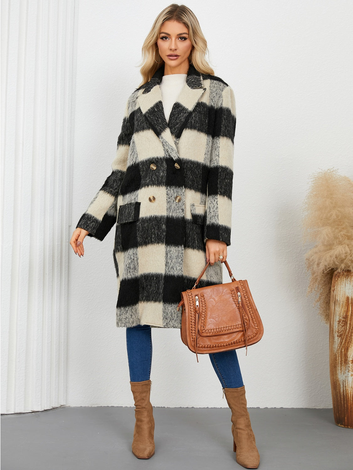 Plaid Double-Breasted Long Sleeve Coat - Charming Charlie