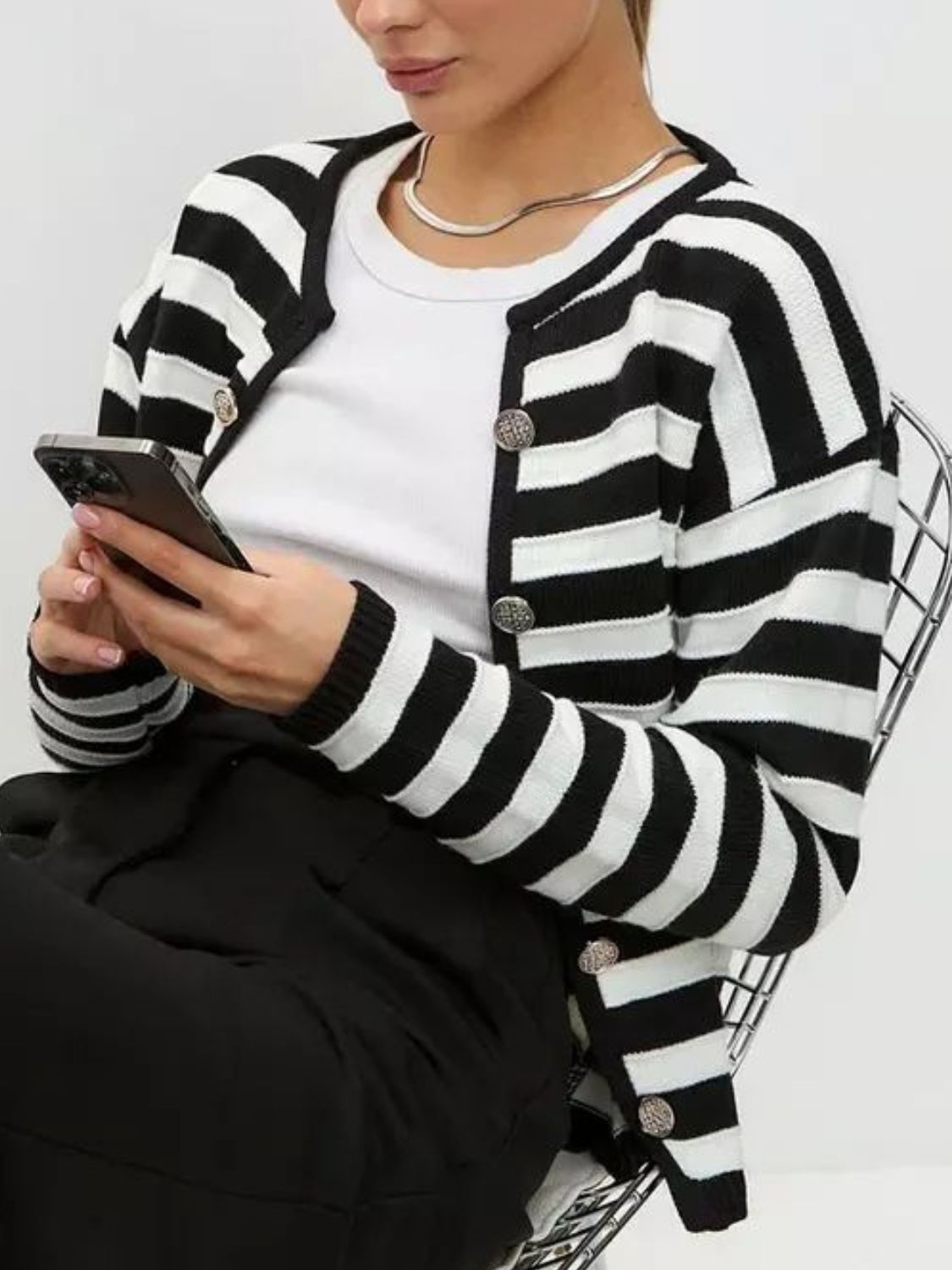 Striped Dropped Shoulder Long Sleeve Cardigan - Charming Charlie