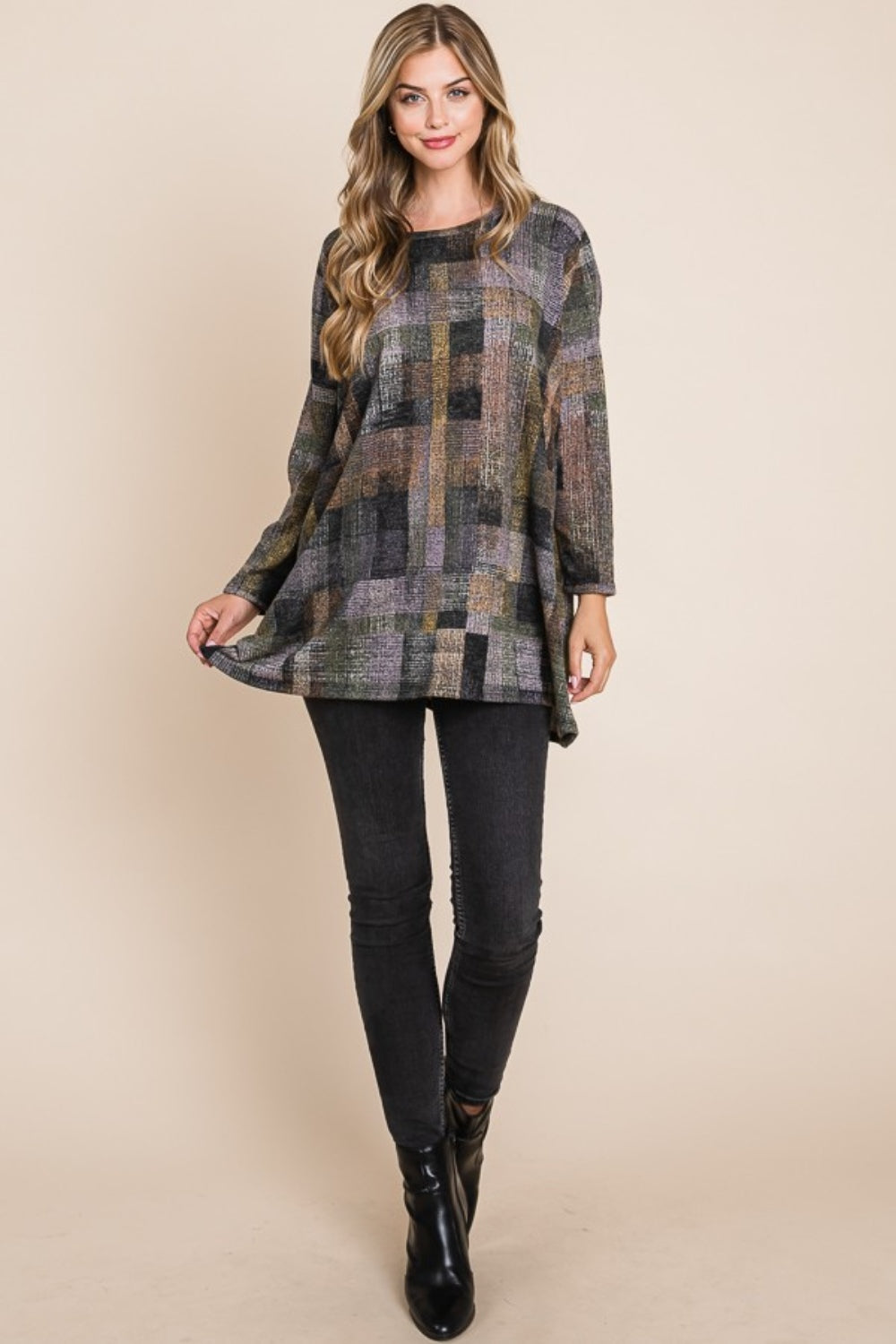 BOMBOM Plaid Round Neck Long Sleeve Top - Charming Charlie