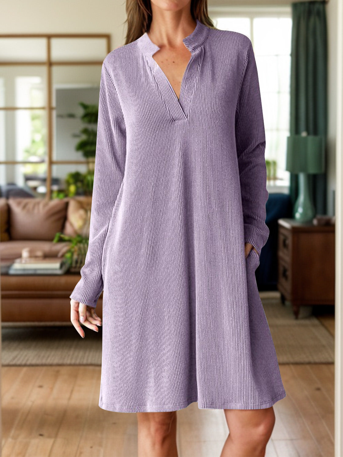 Notched Long Sleeve Mini Dress with Pockets - Charming Charlie