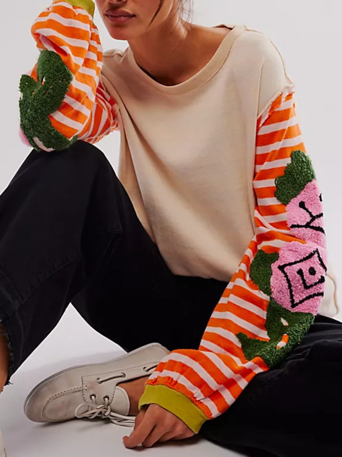 Striped Round Neck Long Sleeve Sweatshirt - Charming Charlie