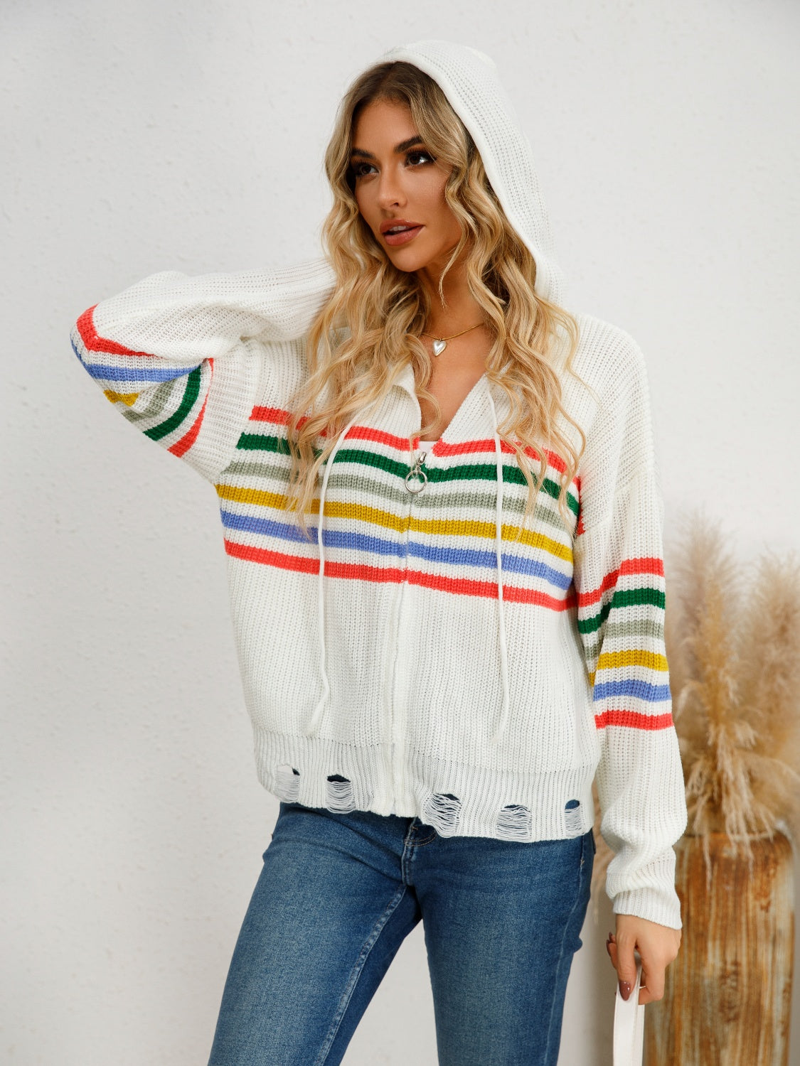 Drawstring Striped Dropped Shoulder Hooded Cardigan - Charming Charlie