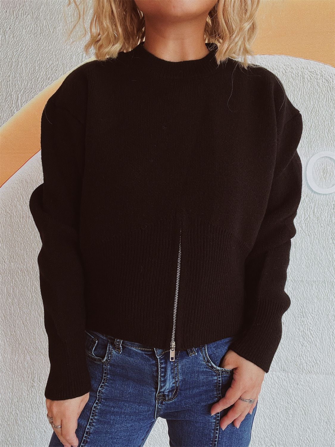 Round Neck Half Zip Long Sleeve Sweater - Charming Charlie