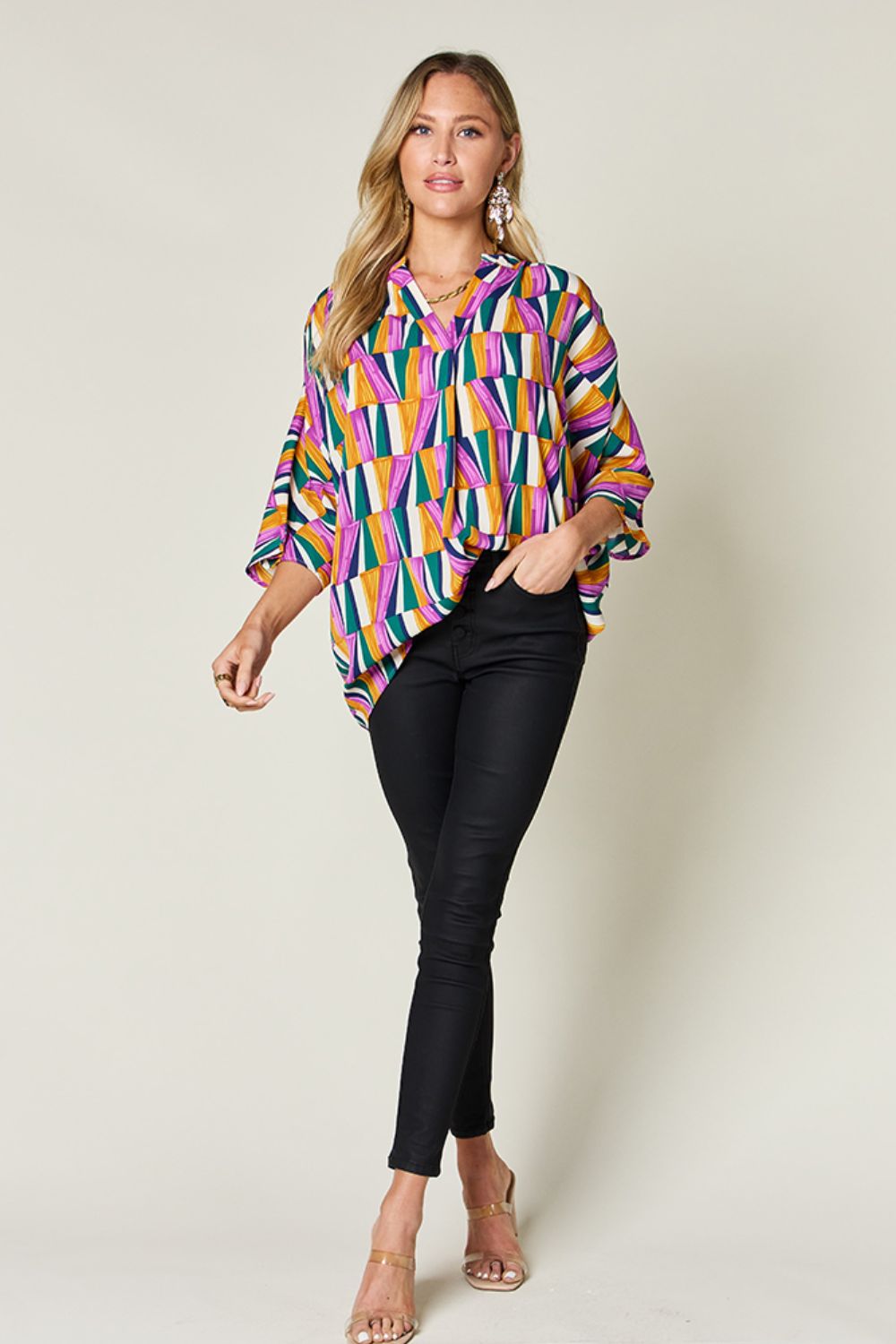 Double Take Full Size Geometric Notched Dolman Sleeve Top - Charming Charlie