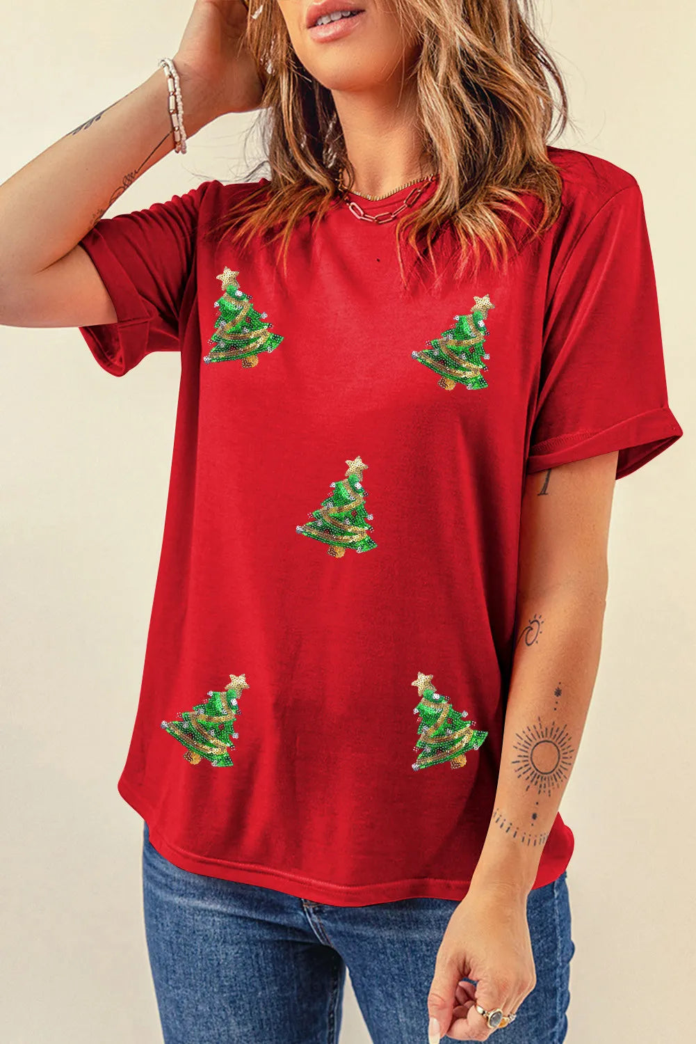 Sequin Christmas Tree Round Neck Short Sleeve T-Shirt - Charming Charlie