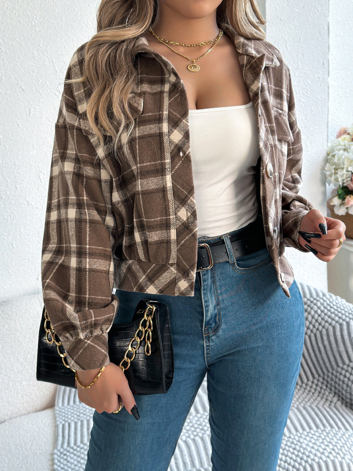 Plaid Button Up Long Sleeve Jacket - Charming Charlie