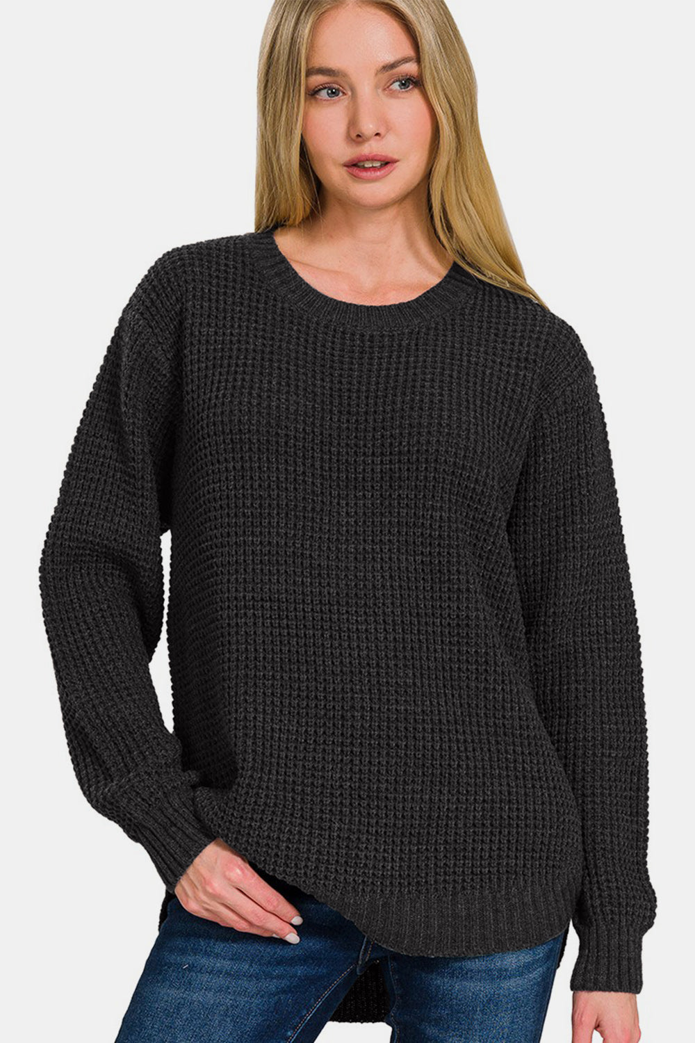 Zenana High Low Long Sleeve Waffle Sweater - Charming Charlie