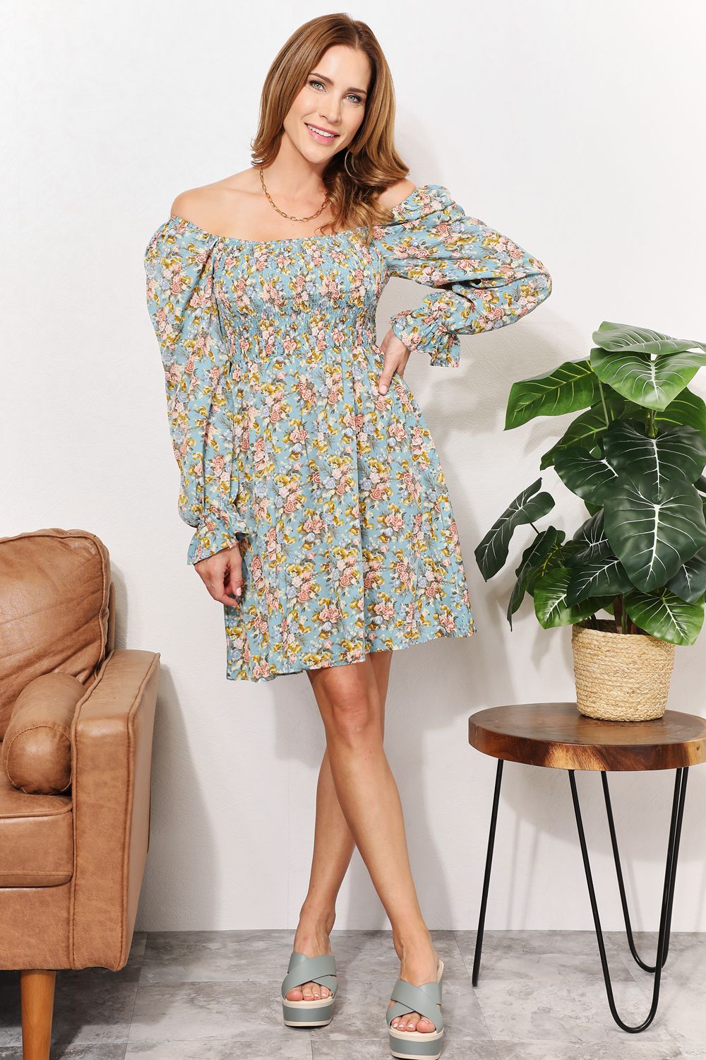 Honey Floral Smocked Flounce Sleeve Square Neck Dress - Charming Charlie