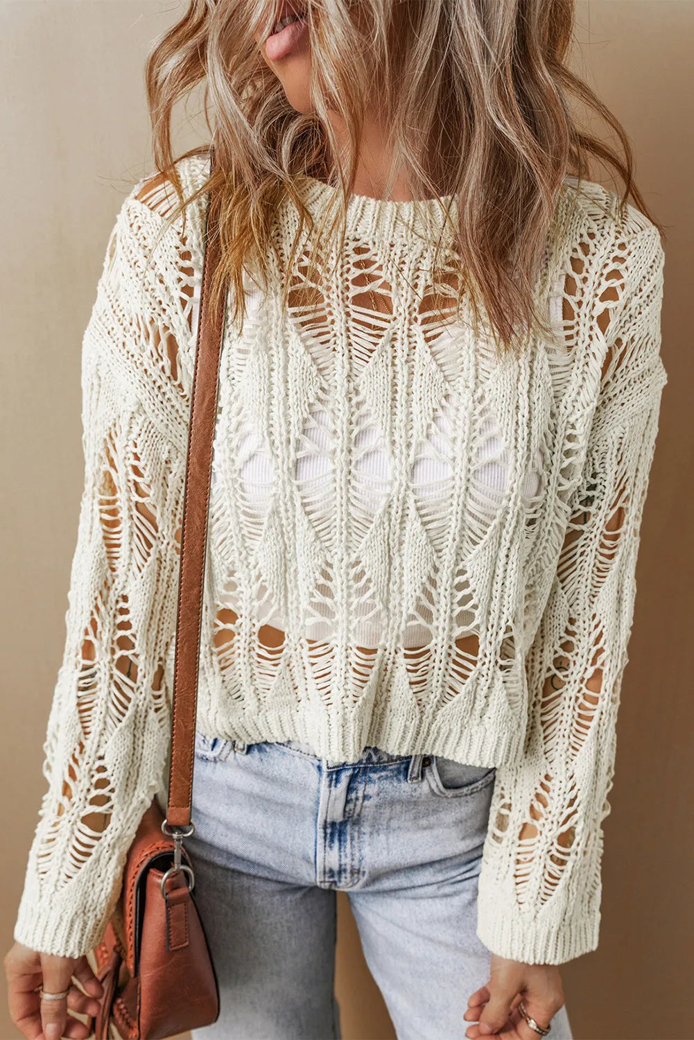 Cutout Round Neck Long Sleeve Knit Cover Up - Charming Charlie