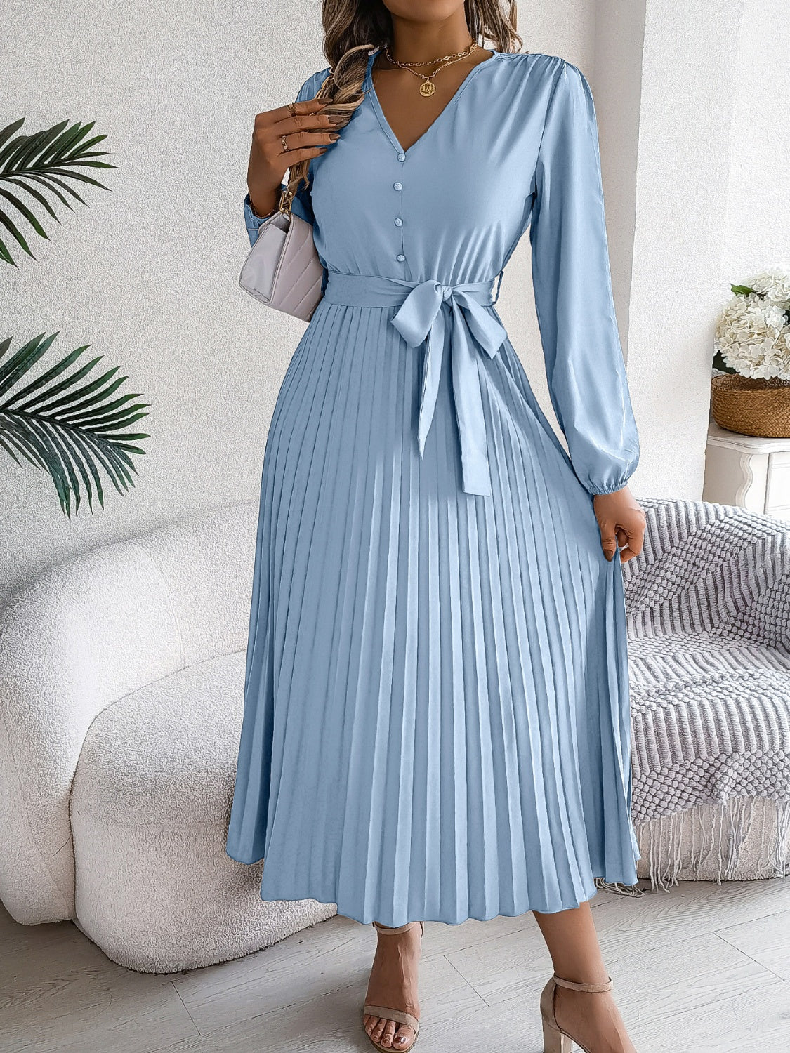 Pleated Tied V-Neck Long Sleeve Dress - Charming Charlie